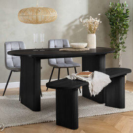 Avenel Wooden Fluted Dining Table with 2 Grey Chairs and 1 Bench in Black