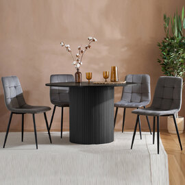 Avenel Wooden Round Dining Table With 4 Grey Chairs In Black