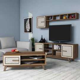 Ayla Wooden Entertainment Unit with Coffee Table Set in Walnut and Cream