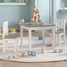Bagdad Wooden Children Table With 2 Chairs In White And Grey
