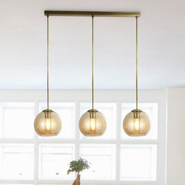 Balls 3 Lights Amber Glass Bar Pendant Light In Antique Brass