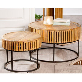Balzac Wooden Set Of 2 Side Tables With Black Frame In Natural
