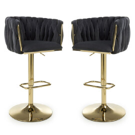 Bangor Black Velvet Bar Stools With Gold Base In Pair