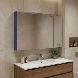 Bari Wooden Wall Mounted Bathroom Mirror Cabinet with 3 Doors in Navy Blue