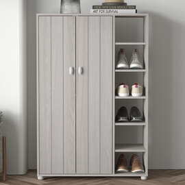 Barrie Tall Wooden Shoe Storage Cabinet In Warm Grey Oak