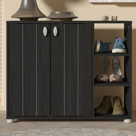Barrie Wide Wooden Shoe Storage Cabinet In Rustick Black Oak