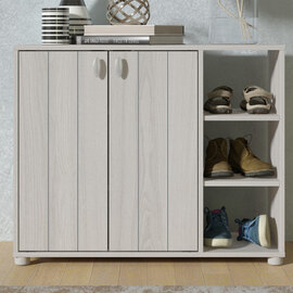 Barrie Wide Wooden Shoe Storage Cabinet In Warm Grey Oak