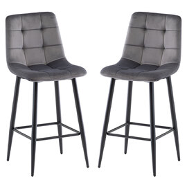 Basia Grey Velvet Counter Bar Stools with Black Metal Legs in Pair