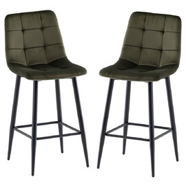 Basia Juniper Green Velvet Counter Bar Stools with Black Metal Legs in Pair