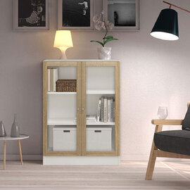 Baskon Low Wide Wooden Display Cabinet with 2 Oak Glass Doors in White