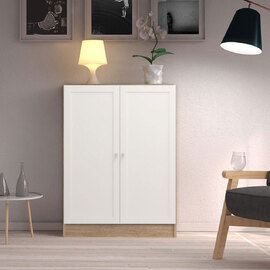 Baskon Low Wide Wooden Storage Cabinet with 2 White Doors in Oak