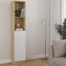 Baskon Tall Narrow Wooden Bookcase in Oak and White