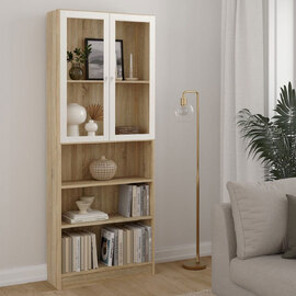 Baskon Tall Wide Wooden Display Cabinet with 2 White Glass Doors in Oak