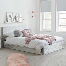 Beano Fabric Ottoman King Size Bed In Steel Crushed Velvet