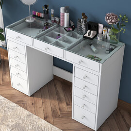 Belara Glass Top Dressing Table With 13 Drawers In White