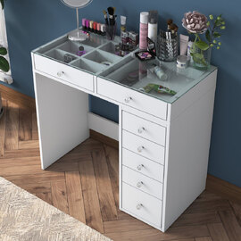 Belara Glass Top Dressing Table With 7 Drawers In White