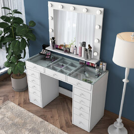 Belara Glass Top Dressing Table With Mirror And 13 Drawers In White