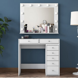 Belara Glass Top Dressing Table With Mirror And 7 Drawers In White