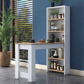 Belara Wooden Bar Kitchen Table with 4 Shelves in White and Walnut