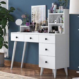 Belara Wooden Dressing Table With Mirror And 5 Drawers In White