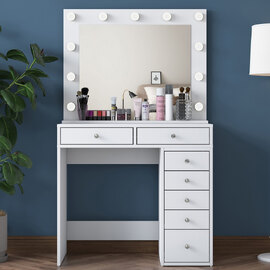 Belara Wooden Dressing Table With Mirror And 7 Drawers In White