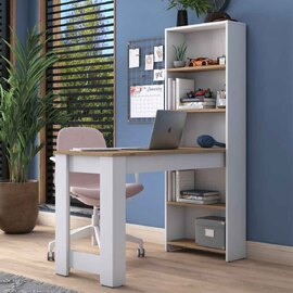 Belara Wooden Laptop Desk with Bookshelf in White and Walnut