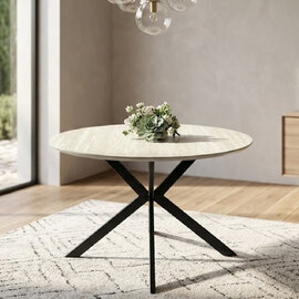 Belize Round Wooden Dining Table in Travertine Marble Effect
