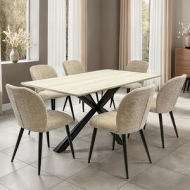 Belize Travertine Marble Effect Large Wooden Dining Table with 6 Neutral Chairs