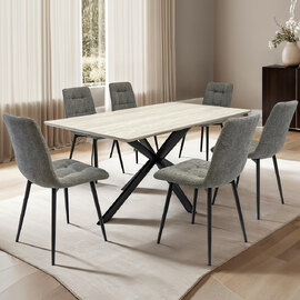 Belize Travertine Marble Effect Large Wooden Dining Table with 6 Neyo Grey Chairs