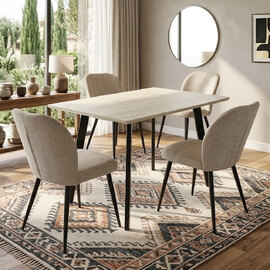 Belize Travertine Marble Effect Small Wooden Dining Table with 4 Neutral Chairs