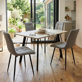 Belize Travertine Marble Effect Small Wooden Dining Table with 4 Neyo Grey Chairs