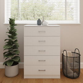 Belvian Tall Wooden Chest Of 5 Drawers in White