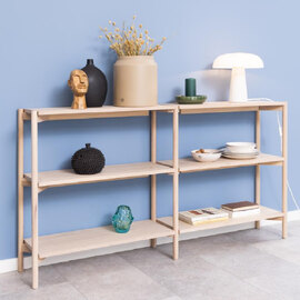 Benson Wide Wooden Bookcase With 4 Shelves In White Oak