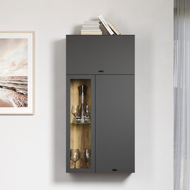 Benvia Wooden Wall Mounted Display Cabinet with 1 Flap Door in Anthracite and Evoke Oak