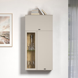 Benvia Wooden Wall Mounted Display Cabinet with 1 Flap Door in Cashmere and Evoke Oak