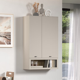 Benvia Wooden Wall Mounted Display Cabinet with 2 Doors in Cashmere and Evoke Oak