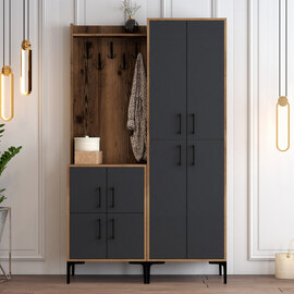 Bergen Wooden Hallway Furniture with Coat Rack in Walnut and Anthracite