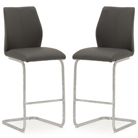 Bernie Grey Leather Bar Chairs With Chrome Frame In Pair