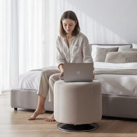 Berto Round Velvet Footstool with Chrome Metal Base in Cashmere Grey