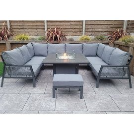 Bessie Glass Top U Shaped Garden Seating Set With Fire Pit In Grey