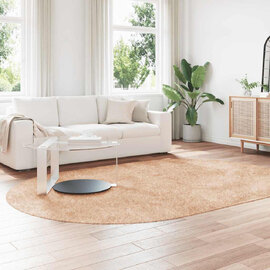 Biloxi Polyester Oval High Pile Shaggy Rug - Beige