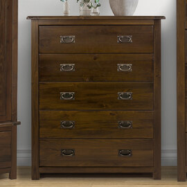 Birtley Wide Wooden Chest Of 5 Drawers In Rustic Oak