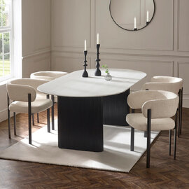 Bismarck White Marble Effect Oval Dining Table With 4 Cream Chairs