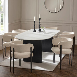 Bismarck White Marble Effect Oval Dining Table With 6 Cream Chairs
