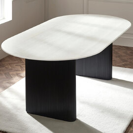 Bismarck White Marble Effect Oval Dining Table With Black Base