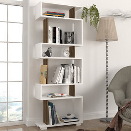 Orvello Wooden Bookcase With 6 Shelves In White And Walnut