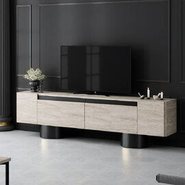 Boheme Wooden TV Stand With 2 Flap Doors In Travertine Marble Effect And Black