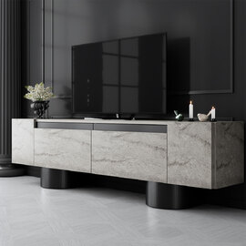 Boheme Wooden TV Stand With 2 Flap Doors In Travertine Marble Effect And Black