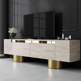 Boheme Wooden TV Stand With 2 Flap Doors In Travertine Marble Effect And Gold