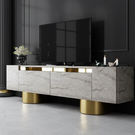 Boheme Wooden TV Stand With 2 Flap Doors In Travertine Marble Effect And Gold